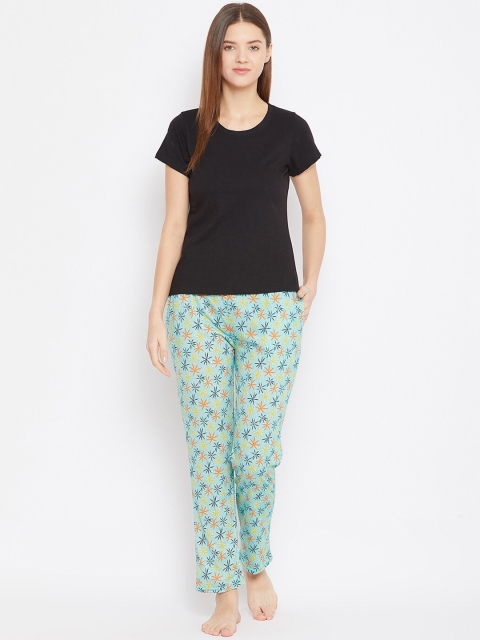 Clovia Women Black & Sea Green Printed Night Suit