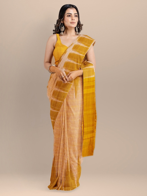 BharatSthali Mustard Pure Cotton Solid Sambalpuri Saree