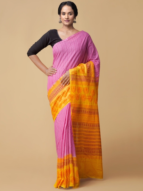 Unnati Silks Pink Pure Cotton Striped Chanderi Saree