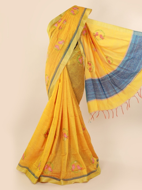 Pothys Yellow Embroidered Pure Cotton Saree with Jhalar Pallu