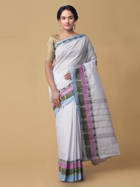 Unnati Silks White Solid Kanjeevaram Saree