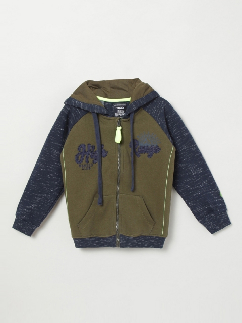 max Boys Green & Navy Blue Self Design Hooded Sweatshirt