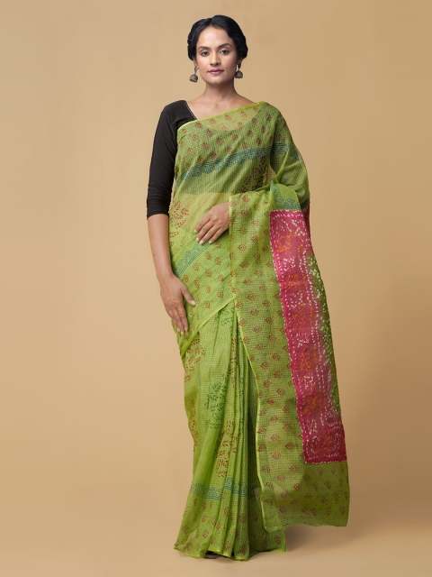 Unnati Silks Green Pure Cotton Striped Bandhani Saree