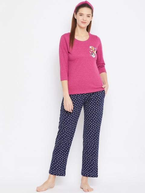 Clovia Women Pink & Blue Printed Night Suit