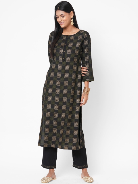 Os Women Black & White Printed Kurti with Trousers