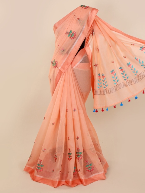 Pothys Peach-Coloured Embroidered Pure Cotton Saree
