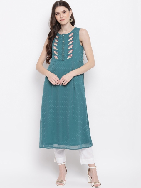 Napra Women Sea Green Embroidered A-Line Kurta