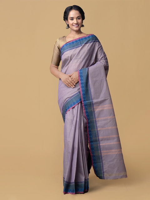 Unnati Silks Purple Pure Cotton Solid Kanjeevaram Saree