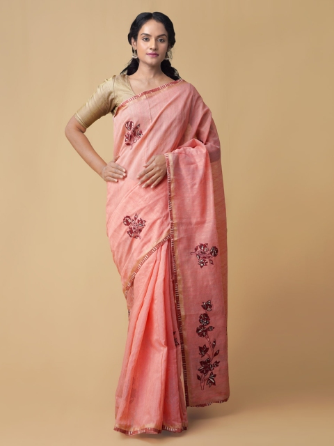 Unnati Silks Pink Foral Applique Work Pure Linen Saree