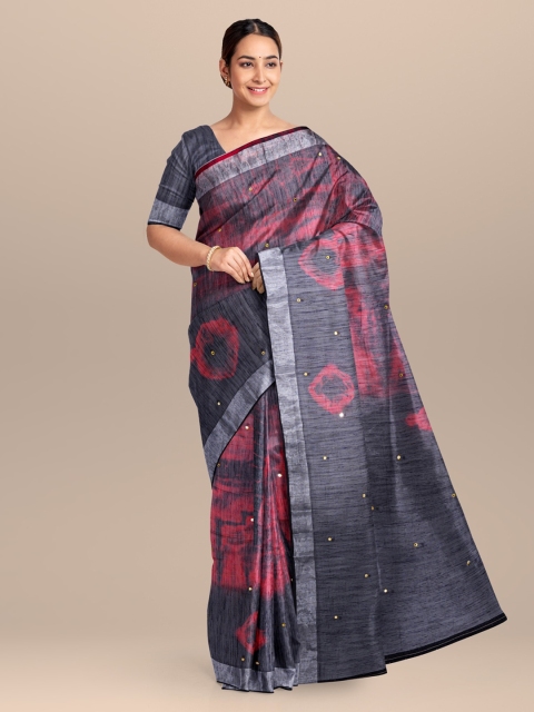 KLM Fashion Mall Black & Pink Linen Blend Printed Saree
