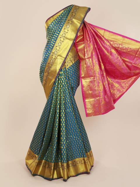 Pothys Blue & Gold-Toned Pure Silk Woven Design Kanjeevaram Saree with Zari Border