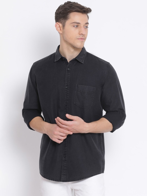 Richlook Men Black Slim Fit Solid Cotton Casual Shirt