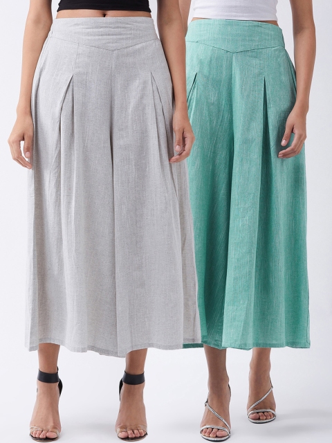 InWeave Women Pack Of 2 Solid Handloom Palazzos, Turquoise blue