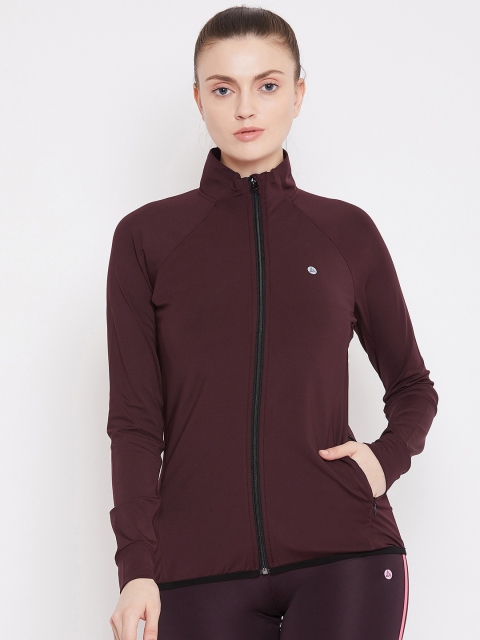 Athleto Women Maroon Solid Lightweight Sporty Jacket