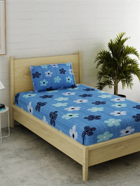 EverHOME Blue & White Floral 144 TC Cotton 1 Single Bedsheet with 1 Pillow Covers
