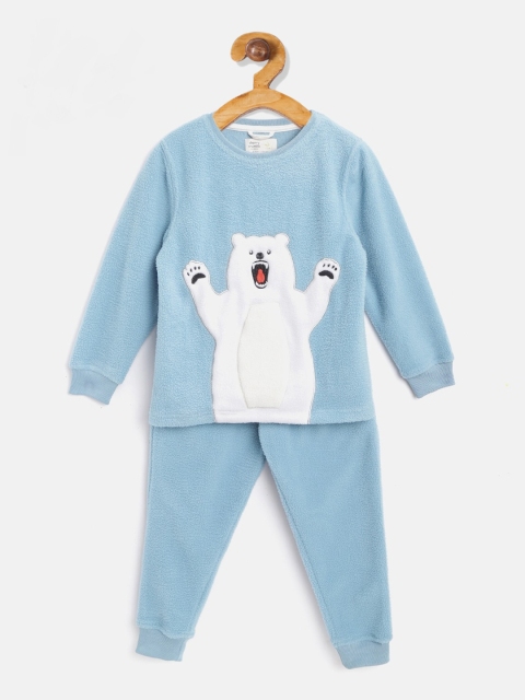 Cherry Crumble Infant Kids Blue & White Solid Night Suit