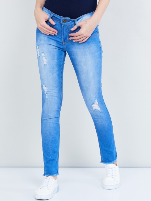 max Women Blue Skinny Fit Mid-Rise Mildly Distressed Cropped Stretchable Jeans