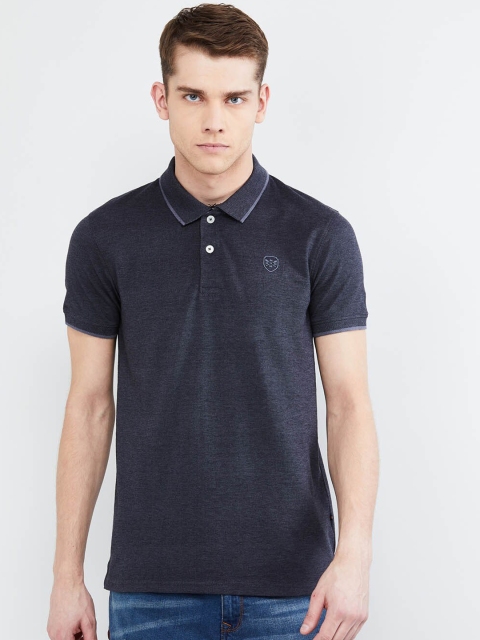 max Men Grey Self Design Polo Collar T-shirt