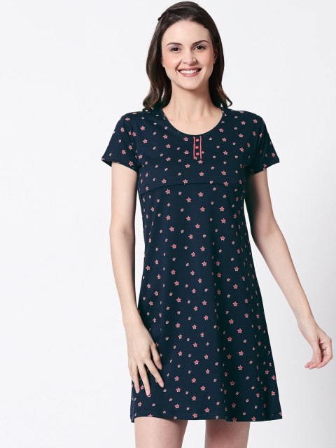 Zeyo Navy Blue & Pink Printed Maternity Nightdress