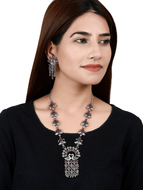 Silvermerc Designs Oxidised Silver-Plated Pink Stone-Studded Peacock-Shaped Handcrafted Jewellery Set
Silvermerc Designs Oxidised Silver-Plated Pink Stone-Studded Peacock-Shaped Handcrafted Jewellery Set