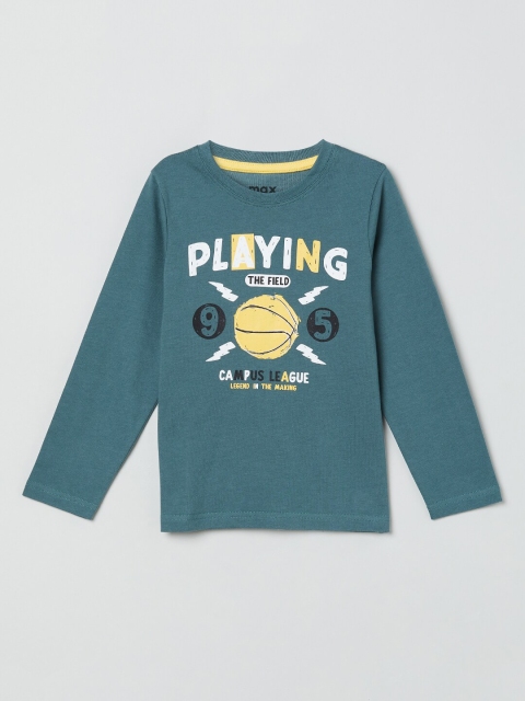 max Boys Teal Green Printed Cotton Round Neck T-shirt