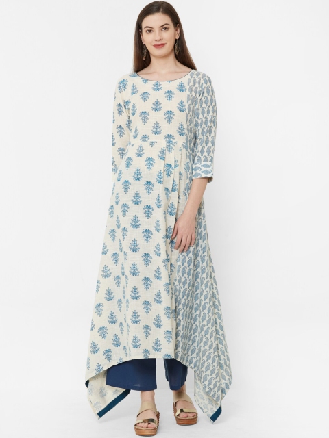 Juliet Women Cream-Coloured & Blue Printed A-Line Kurta