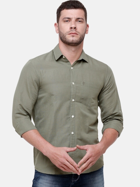 CAVALLO by Linen Club Men Cotton Linen Olive Green Solid Casual Shirt