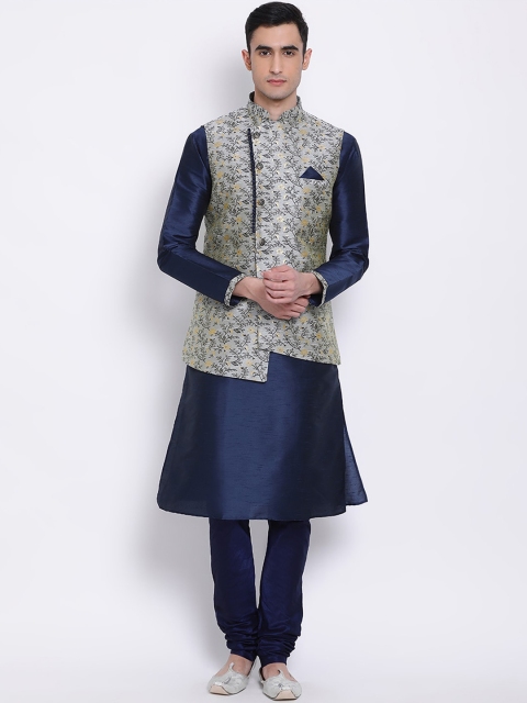 Sanwara Men Navy Blue & Grey Woven Design Kurta with Churidar & Nehru Jacket