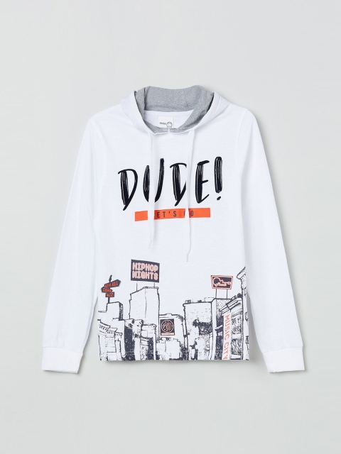 max Boys White Printed Cotton Hood T-shirt