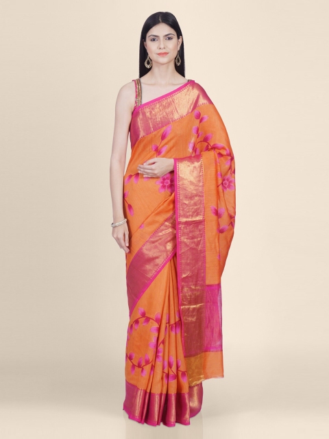 Kasat Mustard & Pink Pure Georgette Printed Tussar Saree With Zari Border