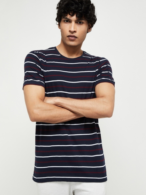 max Men Navy Blue Striped Round Neck Cotton T-shirt