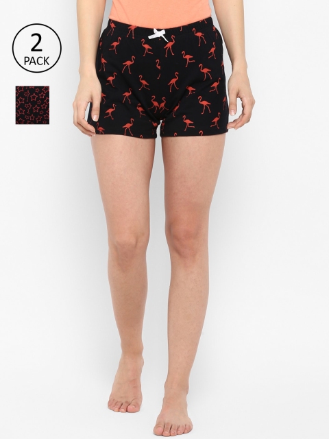 Curare Women Pack Of 2 Black & Red Printed Lounge Shorts