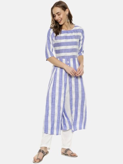 Instafab Women Blue & White Striped Anarkali Kurta