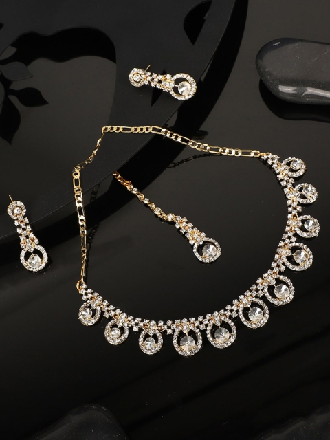 ANIKAS CREATION Gold-Plated White American Diamond-Studded Necklace Jewellery Set