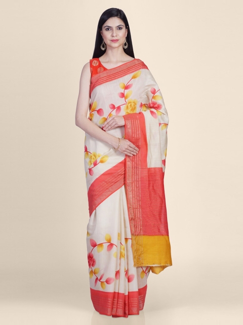 Kasat Off-White & Red Pure Georgette Printed Tussar Saree