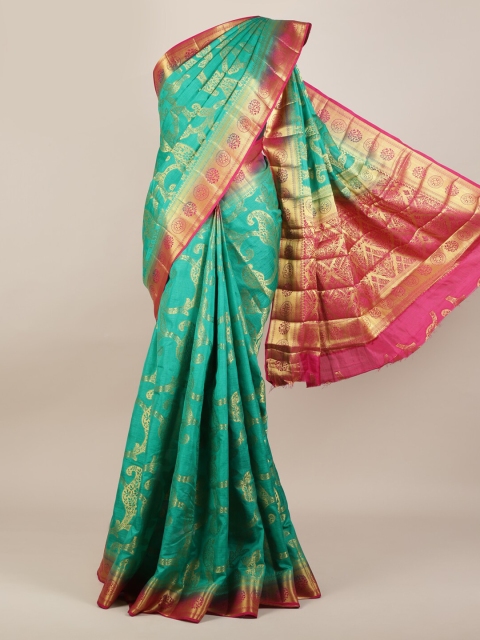 Pothys Green & Gold-Toned Jute Silk Woven Design Saree with Zari Border