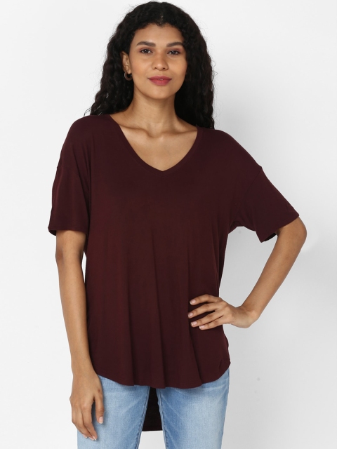 AMERICAN EAGLE OUTFITTERS Women Burgundy Solid V-Neck High Low Top