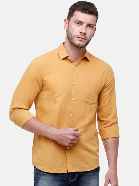CAVALLO by Linen Club Men Cotton Linen Yellow Regular Fit Solid Casual Shirt