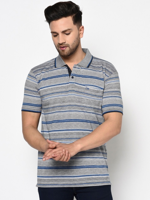 Duke Men Grey Striped Polo Collar T-shirt