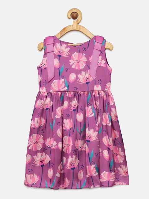 mini miao Girls Purple Floral Printed Fit and Flare Dress