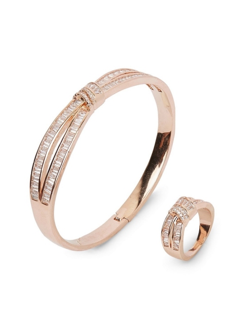 shaze Rose-Gold Toned & White Cubic Zirconia Studded Sleek Shine Jewellery Set