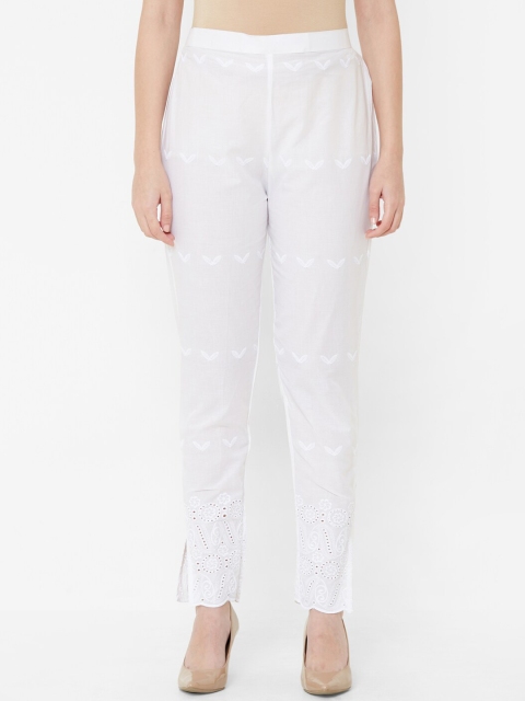 Juliet Women White Self Design Cigarette Trousers