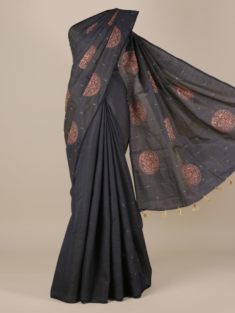 Pothys Black Embroidered Jute Silk Saree With Joller