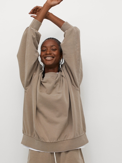 H&M Women Beige Solid Relaxed Fit Sweatshirt