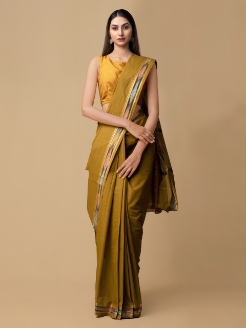 Unnati Silks Brown Pure Cotton Solid Handloom Kanjeevaram Saree