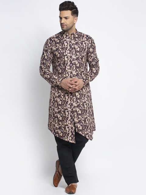 TREEMODA Men Brown Printed Cotton Solid Kurta With Black Pyjamas