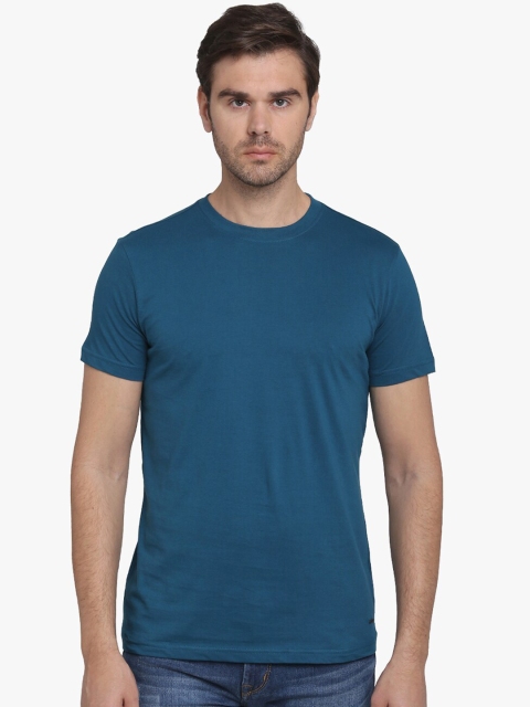 JADE BLUE Men Blue Solid Round Neck Cotton Pure Cotton T-shirt