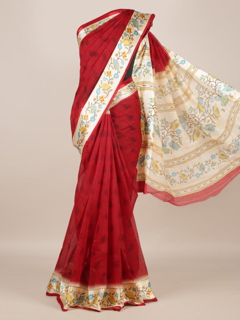Pothys Red Floral Printed Jute Silk Saree