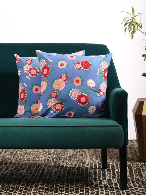 Contrast Living Blue & Red Set of 2 Floral Square Cushion Covers