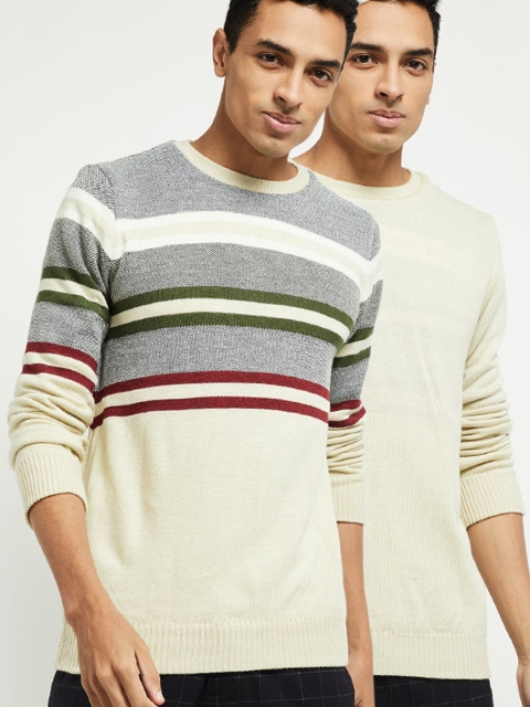 max Men Cream-Coloured Striped Reversible Pullover Sweater